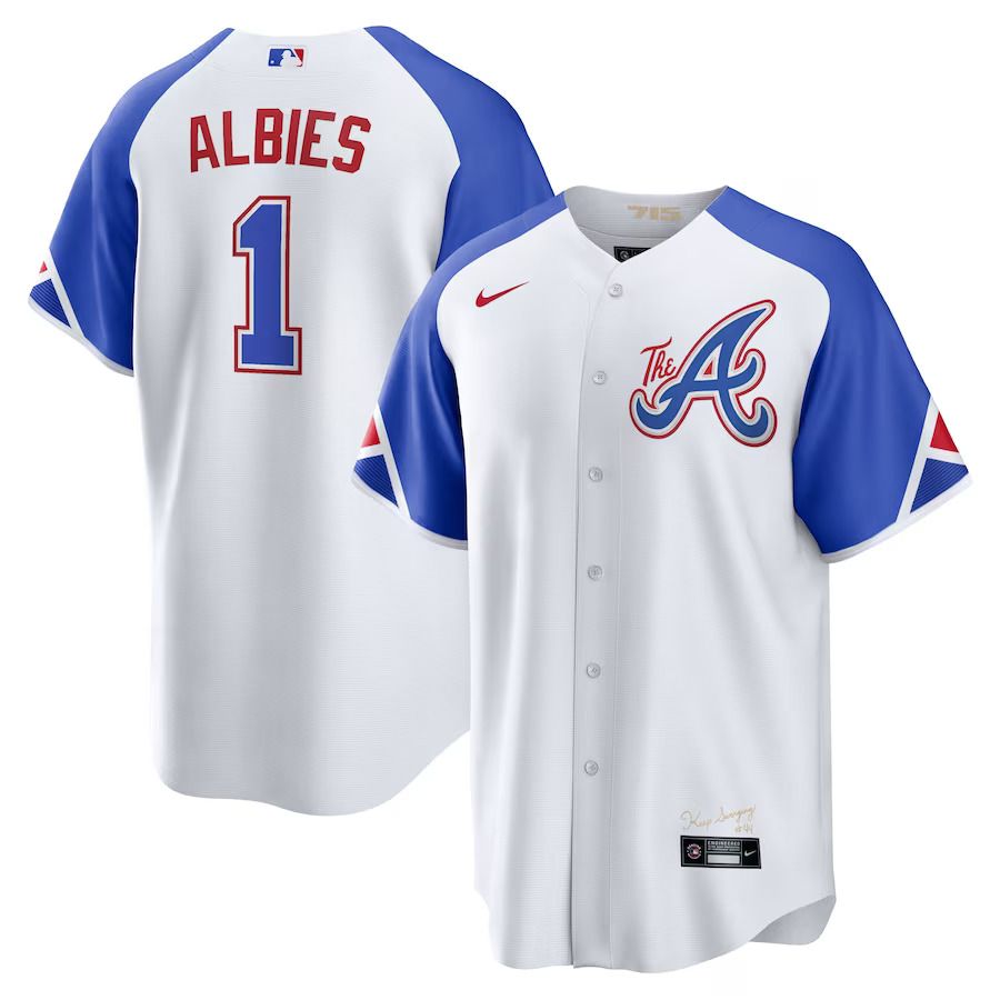 Men Atlanta Braves #1 Ozzie Albies Nike White 2023 City Connect Replica Player MLB Jersey